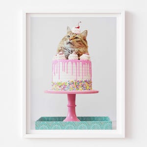 Happy Birthday Cat Art Print, Cake Art, Birthday Party, Feline, Party, Baking, Cute, Funny, Kitchen, Pink