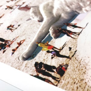 May include: A white cat lays on a beach with its paws outstretched. The cat is large and appears to be laying on top of a crowd of people on the beach. The people are blurred and appear to be small in comparison to the cat.