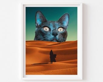 Desert Cat Print, Desert Vibes, Orange Green Art, Aesthetic Art, Cat Lover Decor, Cat Person Gift, Cat Decor, Vibrant Wall Art, Unique Gift