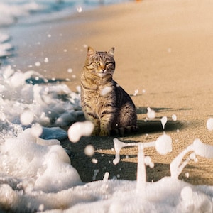 Micro Cat Beach Art Print, kleine kat, surrealistisch kunstwerk, cadeau kattenliefhebber, Cyperse kat kunst, kunst aan de muur kat, kattendecor