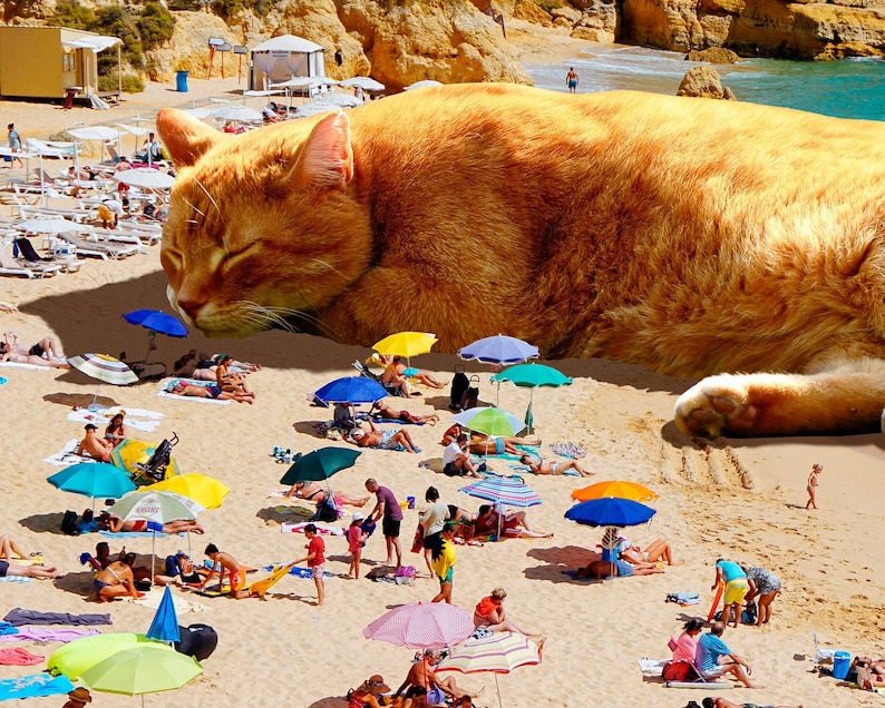 May include: A whimsical image of a giant orange cat sleeping peacefully on a sandy beach. People are sunbathing and relaxing under colorful umbrellas, creating a vibrant scene. The cat's size dwarfs the beachgoers.