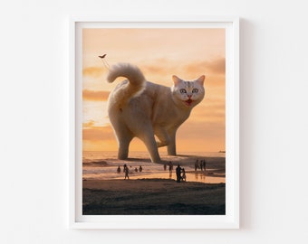 Chat de plage coucher de soleil, impression d'art chat blanc, ambiance plage, décoration de maison de plage, coucher de soleil, vacances d'été, vacances de printemps, cadeau pour amoureux des chats, cadeau de plage