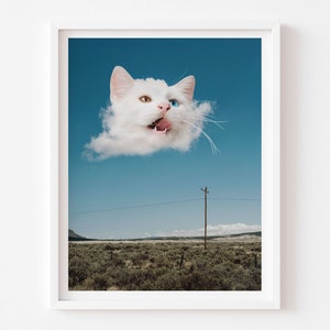 May include: A white cat's head appears to be floating in a cloud against a blue sky. The cat has one blue eye and one brown eye and is looking up with its mouth open. The cat is in front of a field of green grass and a single power line.