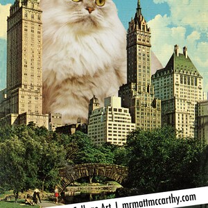 May include: A white cat with yellow eyes stands in front of a cityscape. The cat is very large and appears to be towering over the buildings. The buildings are all tall and slender, and they are made of brick and stone. The sky is blue and there are clouds in the sky. The text "Matt McCarthy | Collage Art | mrmattmccarthy.com" is at the bottom of the image.
