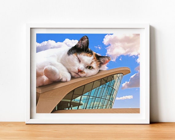 TWA Vintage Print, Sleepy Cat, Retro Artwork, New York City Art, MidCentury Modern, Retro Travel Poster, Cute Cat Gift, Retro Cat Wall Art