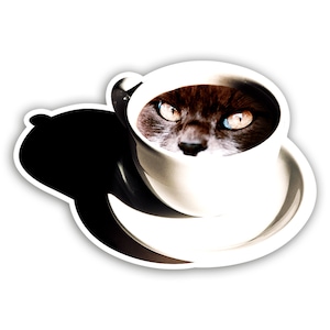 Coffee Cat Vinyl Sticker, Weatherproof Waterproof Sticker, Waterproof, Cat Lover, Coffee Addict Gift, Water Bottle Sticker, Laptop Decal