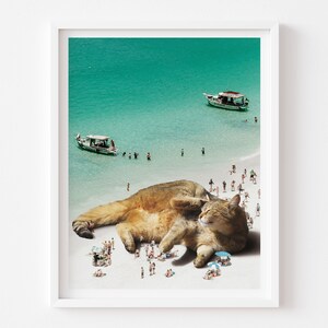 Beach Cat Art Print, Cat Gift Idea, Sleeping Cat, White Cat, Green Ocean, Surreal Art, Ocean Wall Art, Beach House Decor, Housewarming Gift