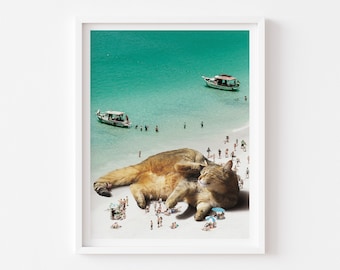 Beach Cat Art Print, Cat Gift Idea, Sleeping Cat, White Cat, Green Ocean, Surreal Art, Ocean Wall Art, Beach House Decor, Housewarming Gift