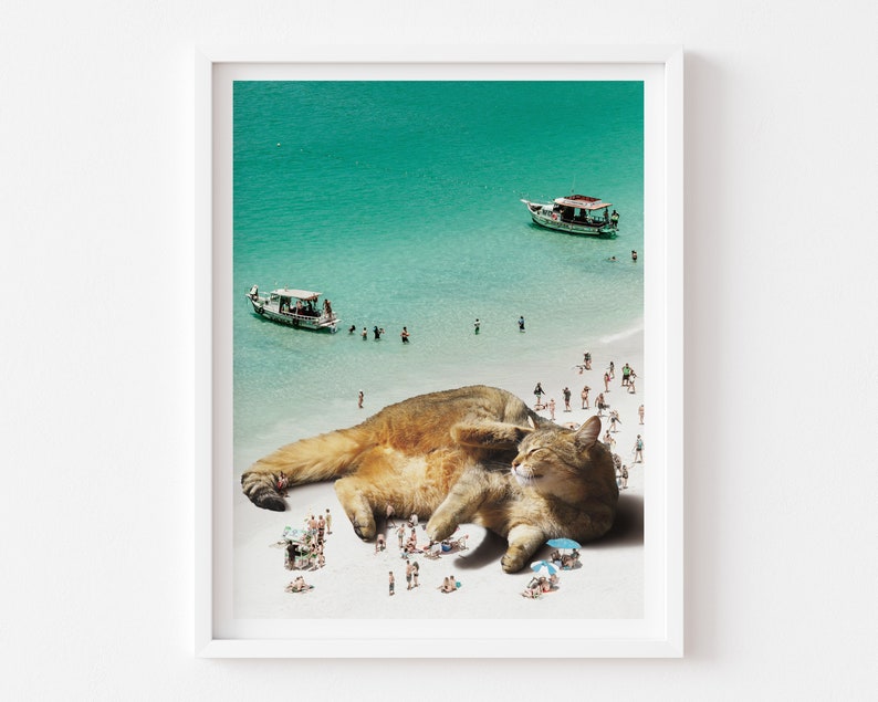 Beach Cat Art Print, Cat Gift Idea, Sleeping Cat, White Cat, Green Ocean, Surreal Art, Ocean Wall Art, Beach House Decor, Housewarming Gift image 1