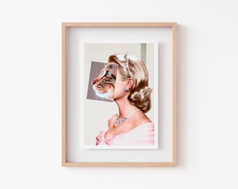 Old Hollywood Cat Print, Grace Kelly, Vintage Hollywood Art, Cat Artwork, Gallery Wall, Cat Home Decor, Cat Wall Art, Pink Princess