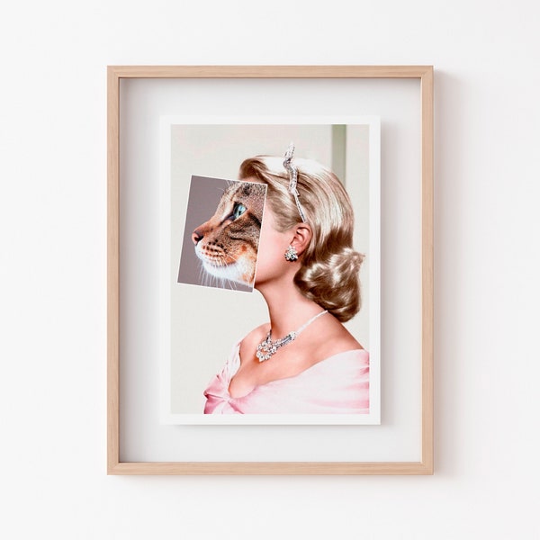 Old Hollywood Cat Print, Grace Kelly, Vintage Hollywood Art, Cat Artwork, Gallery Wall, Cat Home Decor, Cat Wall Art, Pink Princess