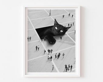 Black cat art print, surreal cat art, cute cat art, black and white, digital collage, cat lover gift, art collectors, whimsical home decor