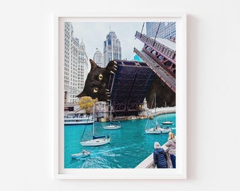 Chicago Black Cat Print, Black and White Art, Bridge, Chicago Decor, Housewarming, Black Cat Gift, Cat Lover