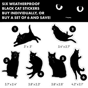 Op de afbeelding: Zes zwarte kat stickers met verschillende poses. De stickers zijn weerbestendig en verkrijgbaar in verschillende maten, vari&euml;rend van 7,6 cm bij 7,6 cm tot 10,7 cm bij 5,3 cm.