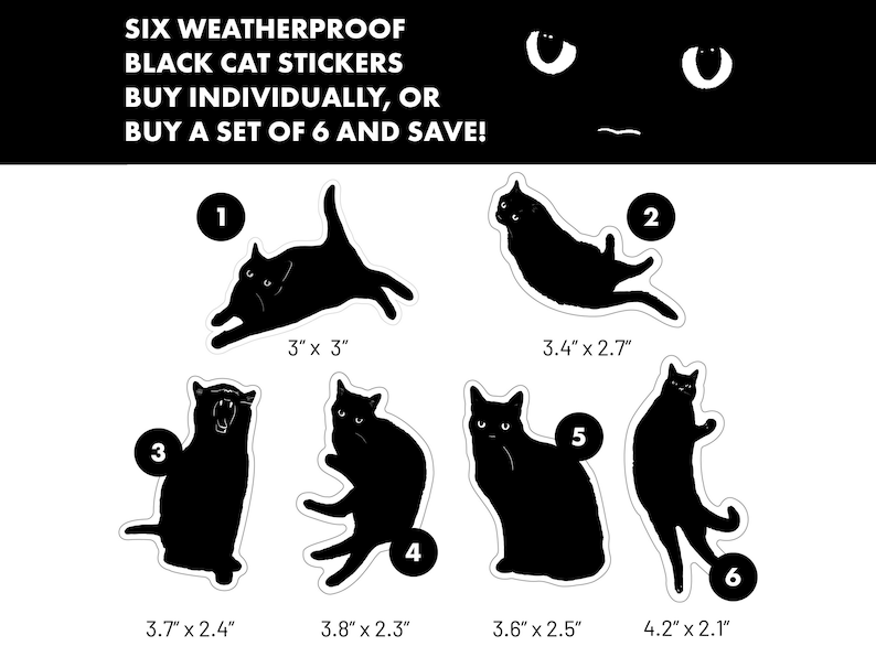Op de afbeelding: Zes zwarte kat stickers met verschillende poses. De stickers zijn weerbestendig en verkrijgbaar in verschillende maten, vari&euml;rend van 7,6 cm bij 7,6 cm tot 10,7 cm bij 5,3 cm.
