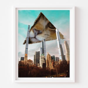 Può includere: Una stampa artistica incorniciata con un paesaggio urbano surreale. Il volto di un gatto è sovrapposto allo skyline di New York. Il volto del gatto è marrone e beige, con un cielo turchese sullo sfondo.