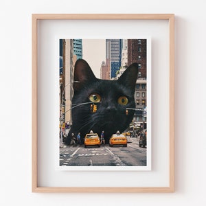 Black Cat Art Print, Midcentury Cat Art, New York City Print, Architecture Gift, NYC Decor, Cat Lover Gift, Black Cat Owner, Black Cat Gift