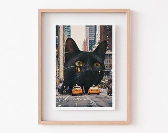 Impression d'art chat noir, art chat du milieu du siècle, impression de la ville de New York, cadeau Architecture, décoration NYC, cadeau pour amoureux des chats, propriétaire de chat noir, cadeau chat noir