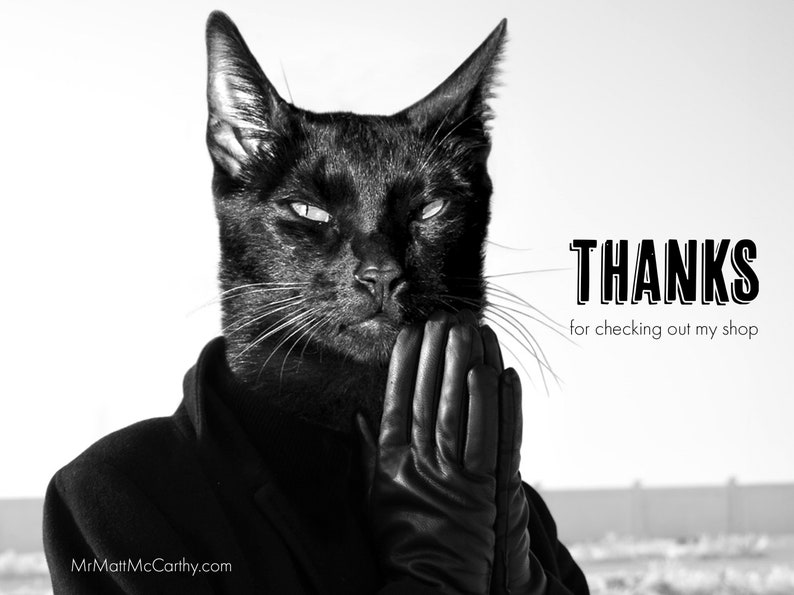 May include: A black cat wearing a black leather glove, with the text "THANKS for checking out my shop" on a white background.