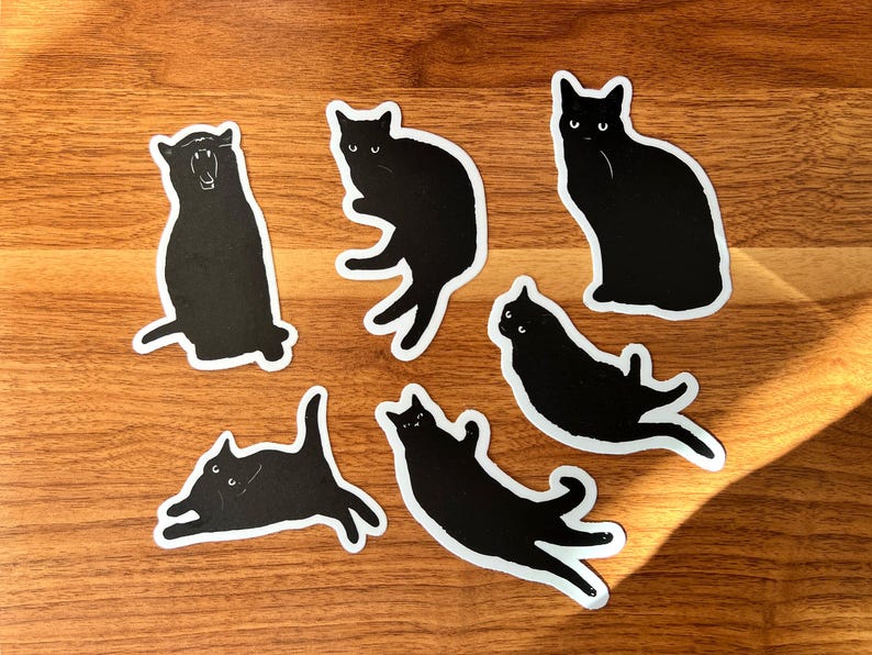 Black Cat-stickerpakket, The Void, weerbestendige sticker, cadeau kattenliefhebber, zwarte kat kunst, Halloween-sticker, alleen zwarte katten, zwarte kat afbeelding 1