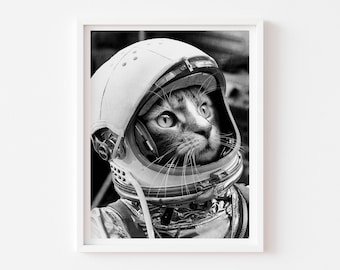May include: A black and white photograph of a cat wearing an astronaut helmet. The cat is looking to the right of the frame. The helmet is a classic white astronaut helmet with a visor.