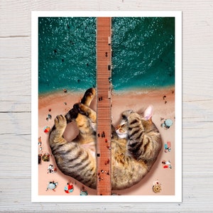 May include: A tabby cat sleeping on a beach with a wooden pier in the background. The cat is curled up in a ball with its paws tucked under its chin. The beach is crowded with people and umbrellas.