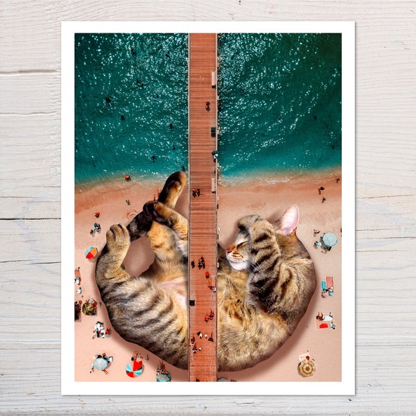 BOARDWALK ART PRINT, Cat Gift Idea, Tabby Cat Art Print, Cat Lover Gift, Beach House Decor, Ocean Wall Art, Boardwalk Print, Seaside Art