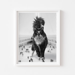 NYC Black and White Cat Print, New York City Poster, Cat Art, Unique Cat Gift, Cat Lovers, Cat Mom Gift, NYC Taxi, NYC Wall Art, Cat Decor