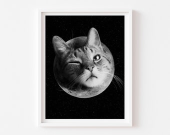 May include: A black and white photograph of a cat's face superimposed on the moon in a starry night sky.