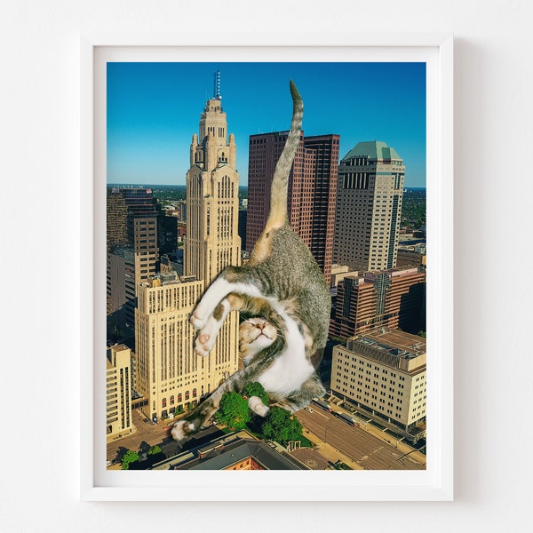 Sleeping Cat Print, Cat Lover Gift, Columbus Ohio, Collage Artwork, Funny Cat, Kids Cat Room, Dorm Decor, Ohio State Decor, OSU, Brutus OSU