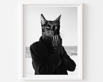Black Cat Art Print, Modern Monochrome Wall Decor, Unique Feline Portrait Gift for Cat Lover, Cat Dad Gift Idea, Cat Fathers Day