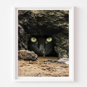 May include: A framed art print featuring a surreal scene of a giant cat's face emerging from a rocky cave. A small figure stands on the sandy beach below, facing the cat. The cat's eyes are bright green.