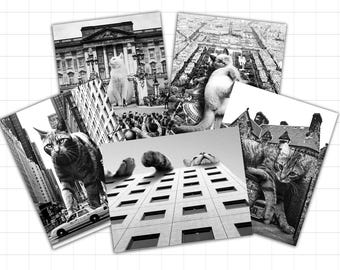 Giant Cat Postcard Set of 10, Black and White Postcards, Cat Gift, Small Art, Surreal Art, NYC, London, Paris, Edinburgh, Los Angeles