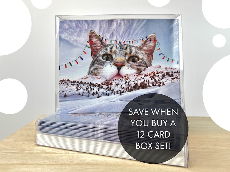 May include: A box of 12 Christmas cards featuring a humorous image of a cat's head peeking over a snowy mountain range with Christmas lights strung across the top. The text "SAVE WHEN YOU BUY A 12 CARD BOX SET!" is printed on the front of the box.