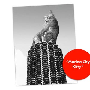 K&ouml;nnte beinhalten: Ein Schwarz-Wei&szlig;-Foto, das eine Katze auf einem zylindrischen Geb&auml;ude mit einem sich wiederholenden Balkonmuster zeigt. Eine leuchtend rote kreisf&ouml;rmige Grafik in der unteren rechten Ecke enth&auml;lt den wei&szlig;en Text "Marina City Kitty".