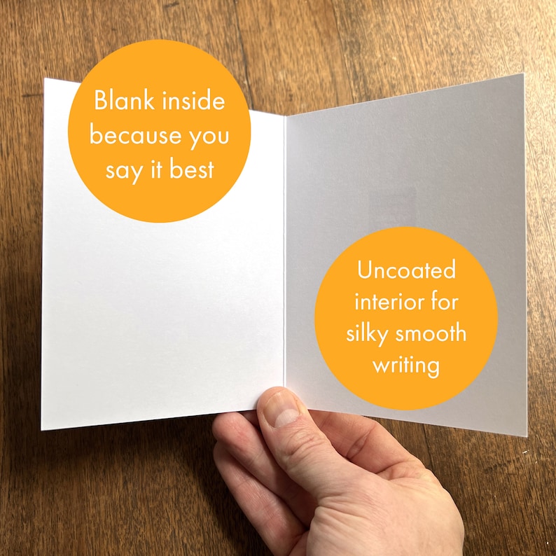 May include: A blank white card with a yellow circle on the front that says "Blank inside because you say it best". The card is open to reveal a white interior with a yellow circle that says "Uncoated interior for silky smooth writing".