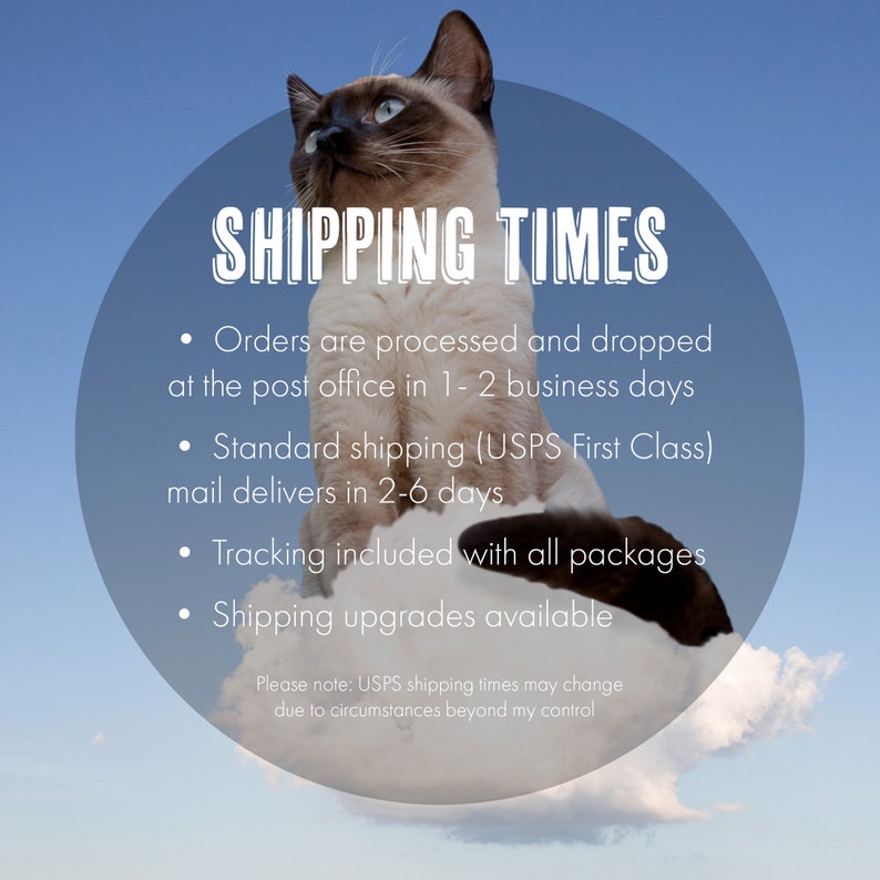 K&ouml;nnte beinhalten: Eine wei&szlig;e Katze mit braunen Flecken sitzt auf einer Wolke vor blauem Himmel. Das Bild enth&auml;lt einen Kreis mit dem Text "SHIPPING TIMES" und eine Liste mit Versandinformationen: Bestellungen werden innerhalb von 1-2 Werktagen bearbeitet und zur Post gebracht. Der Standardversand (USPS First Class) dauert 2-6 Tage. Sendungsverfolgung ist bei allen Paketen inklusive. Versand-Upgrades sind verf&uuml;gbar. Bitte beachten Sie: Die Versandzeiten von USPS k&ouml;nnen sich aufgrund von Umst&auml;nden &auml;ndern, die au&szlig;erhalb unserer Kontrolle liegen.