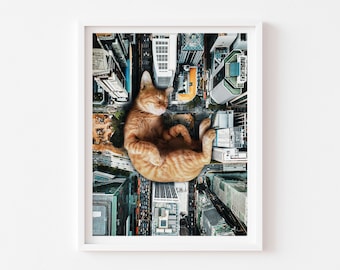 Sleepy Orange Cat Print, Catzilla, Orange Tabby Art, Ginger Cat, Quirky Housewarming, Best Friend Gift, Cat Birthday, Whimsical Home Decor