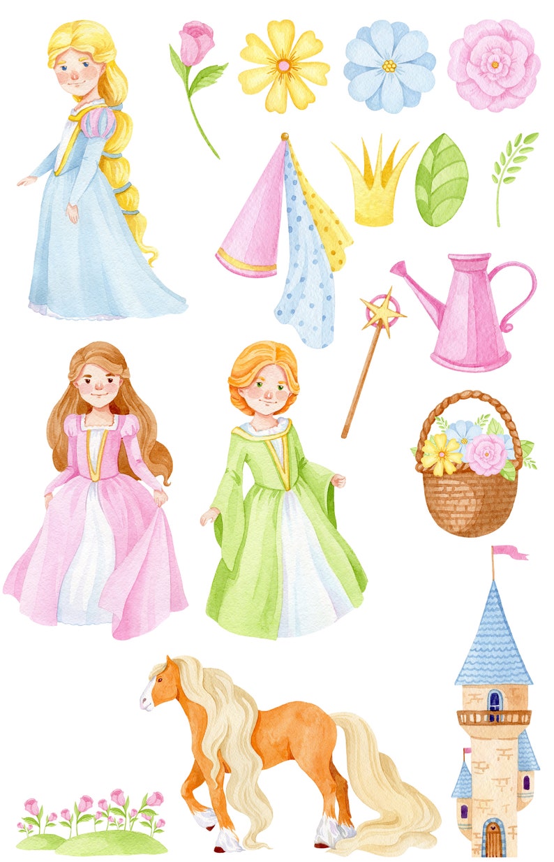 nursery for kids baby-shower horse castle fairy png crown Watercolor Cute Little Princess Clipart fairytale royal girl clip art