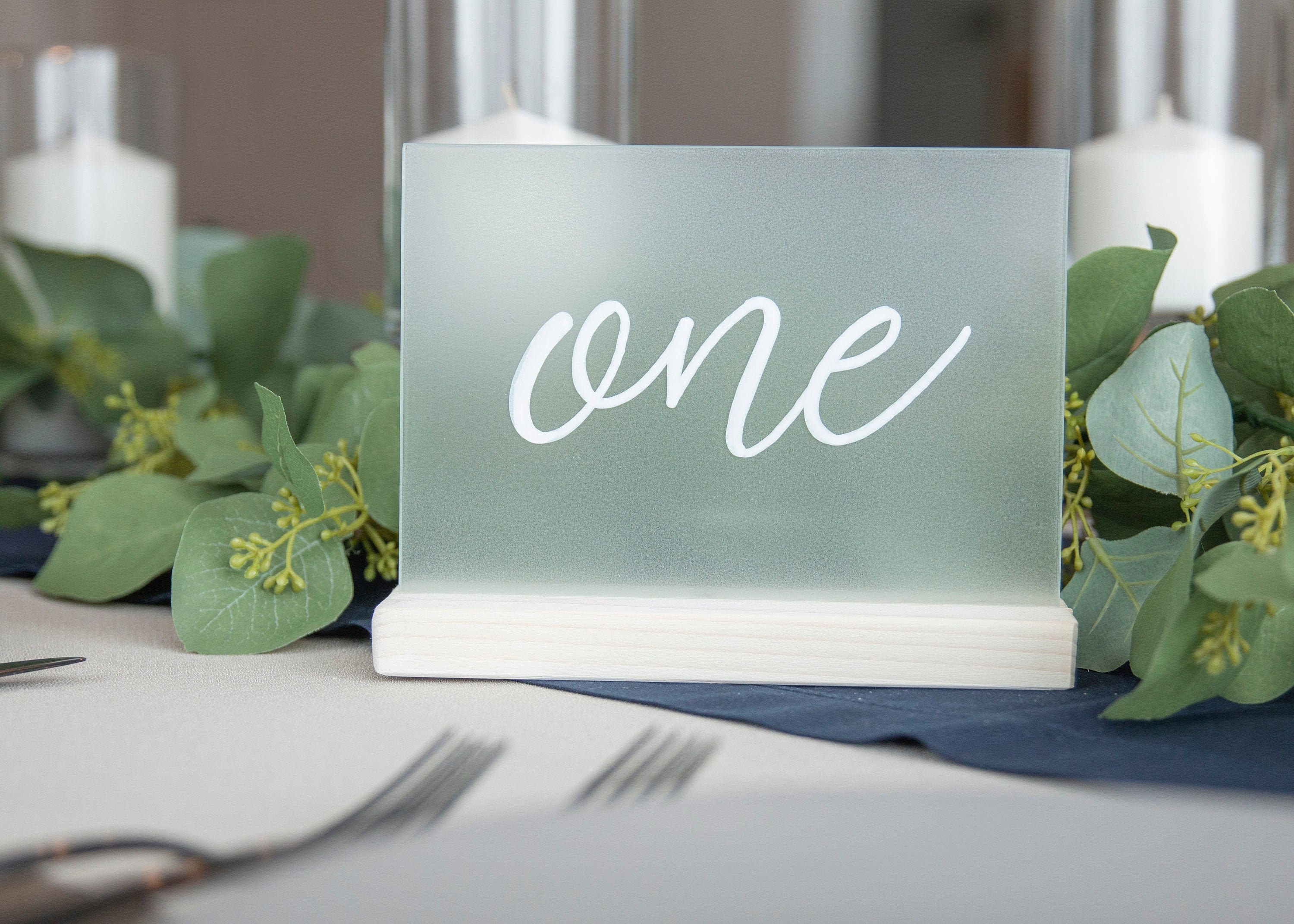 Script Frosted Glass Table Number with Dainty Wood Base Etsy