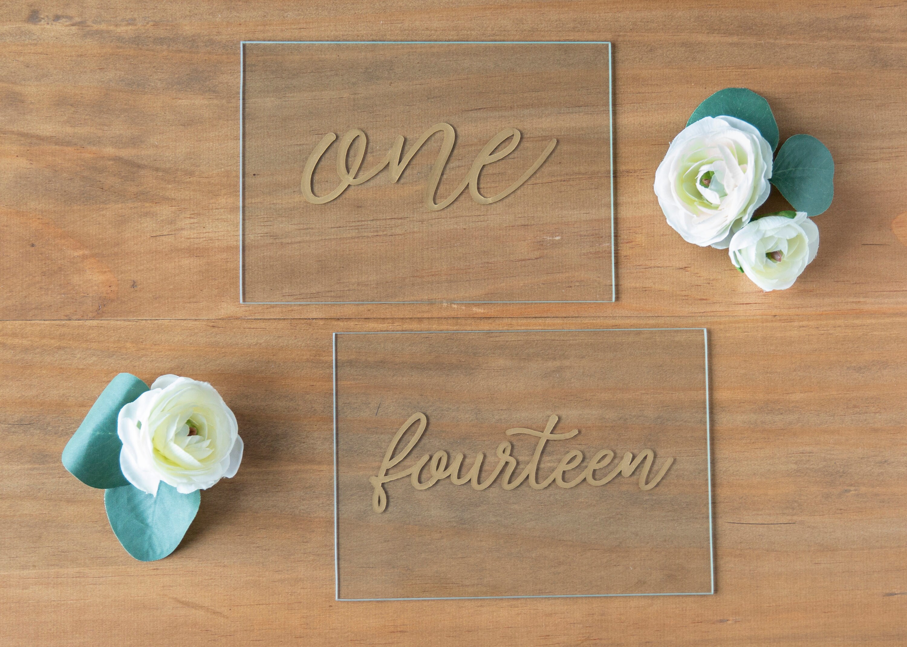 Script Glass Table Number with Chunky Wood Base Etsy