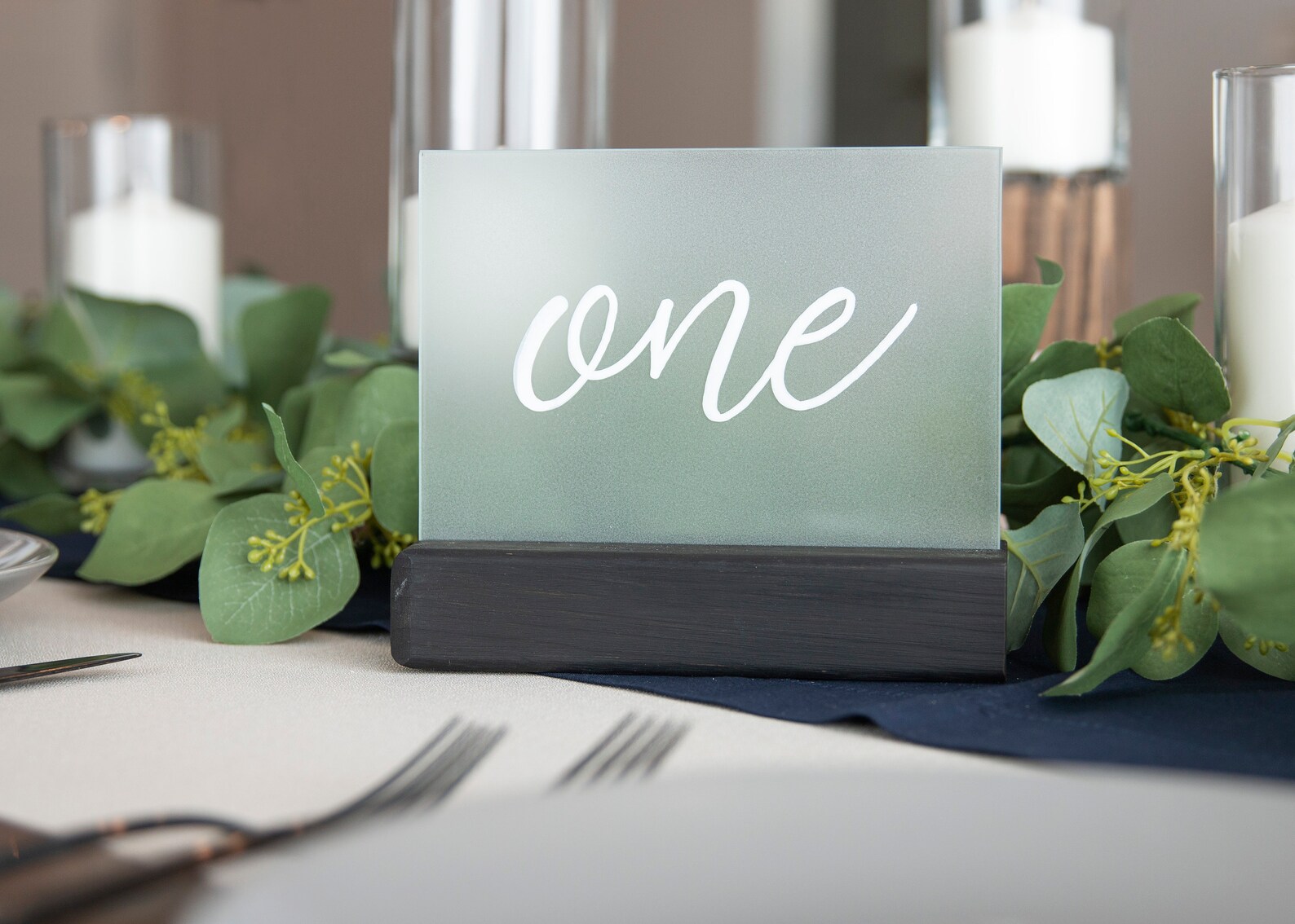 Script Frosted Glass Table Number with Chunky Wood Base Etsy