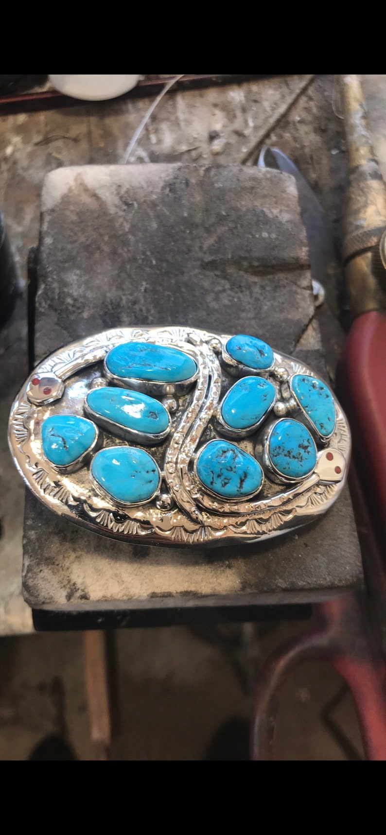 Jude candelaria turquoise buckel w inlay snake eyes