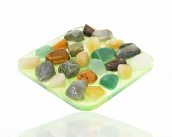 Gemstone Soap Dish - Green and Tan Stones in Green Resin