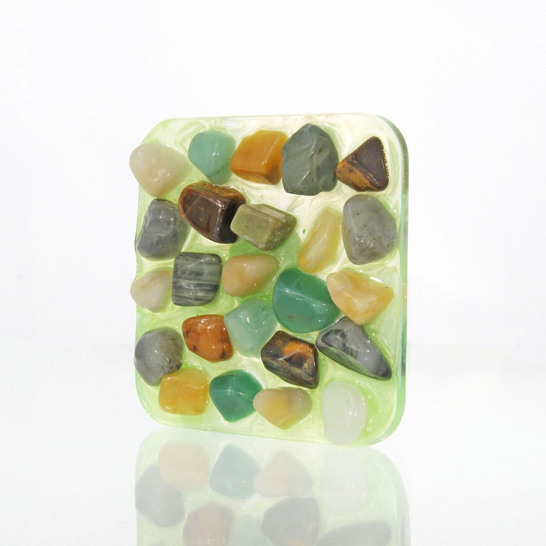 Gemstone Soap Dish Green and Tan Stones in Green Resin image 3