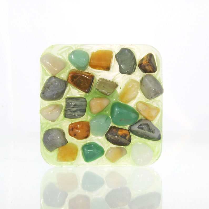 Gemstone Soap Dish Green and Tan Stones in Green Resin image 2