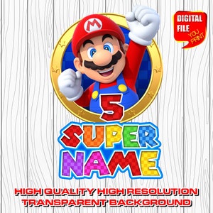 custom mario logo with name, digital mario birthday party logo, personalized super mario party decor centerpices, clipart, invitation, png