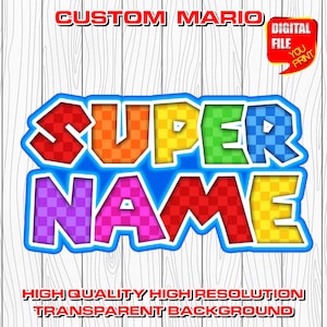 custom mario logo with name, digital mario birthday party logo, personalized super mario party decor centerpices, clipart, invitation, png