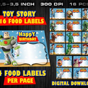 Voedseletiketten Toy Story, Toy Story-feestbenodigdheden, Toy Story-verjaardagsfeestje, afdrukbare Toy Story, Toy Story-clipart, digitaal Toy Story-decor