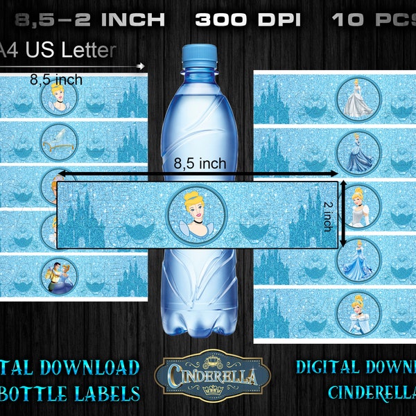 Cinderella bottle labels wrappers, party supplies, birthday party, printable bottle, digital labels, Cinderella clipart, digital download